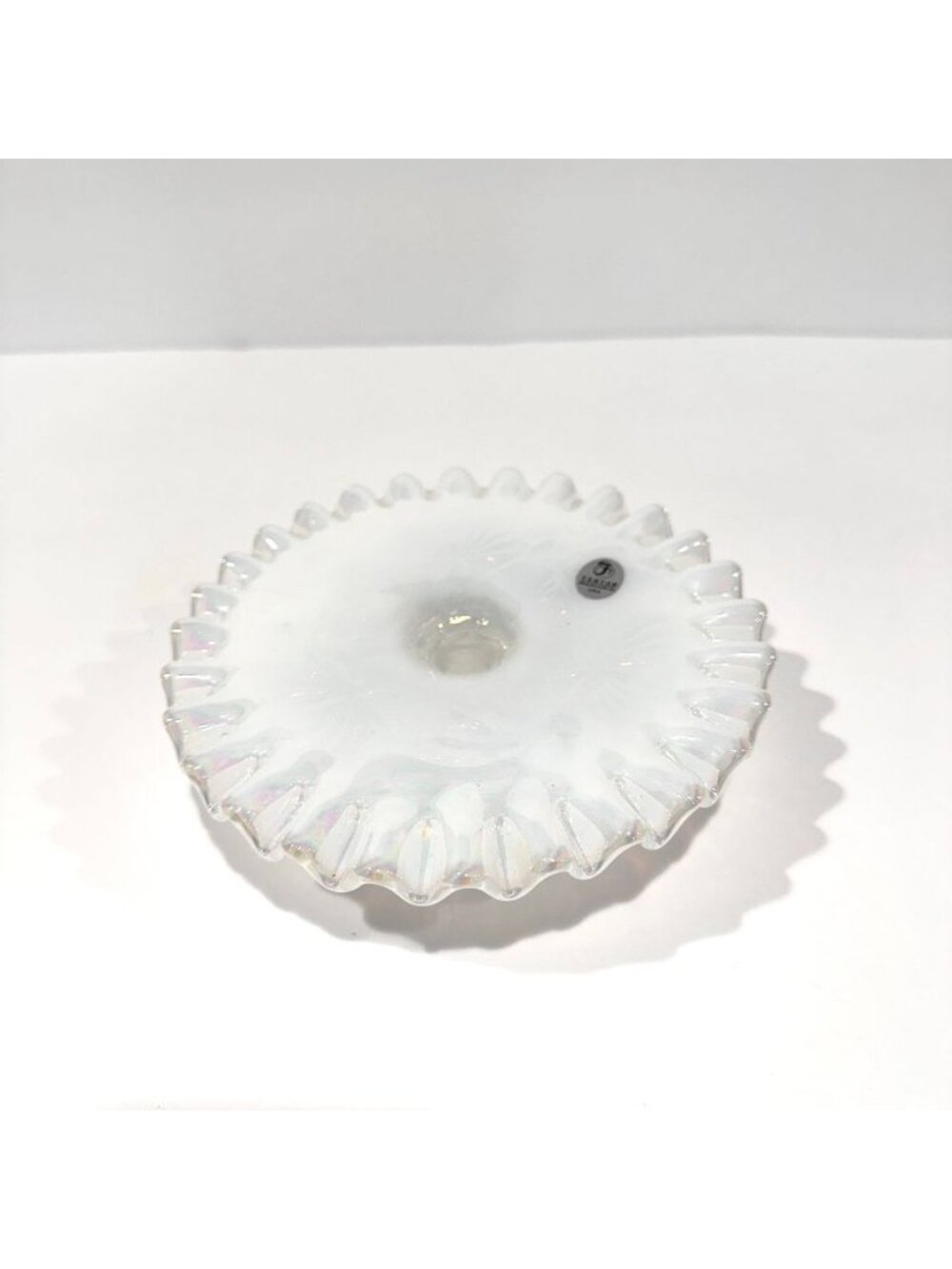 Vintage Fenton Glass Opal Iridescent White Ruffled Pedestal Cake Serving Plate